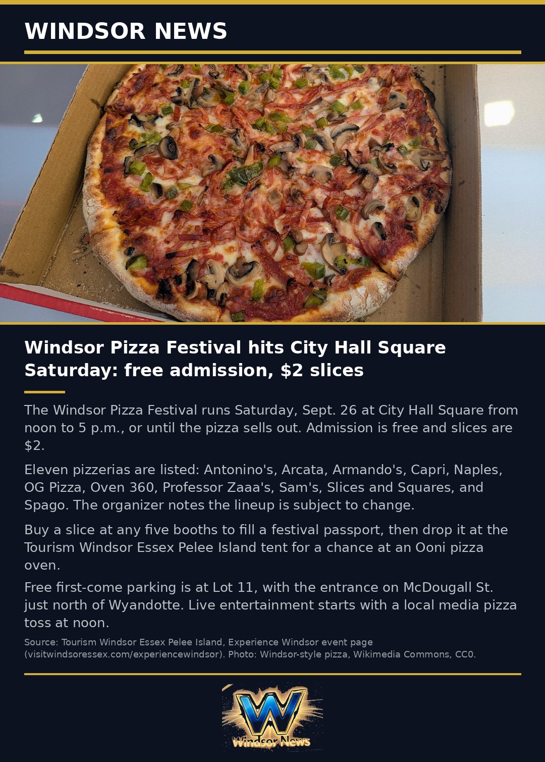 Windsor News card: Windsor Pizza Festival at City Hall Square: free admission, $2 slices