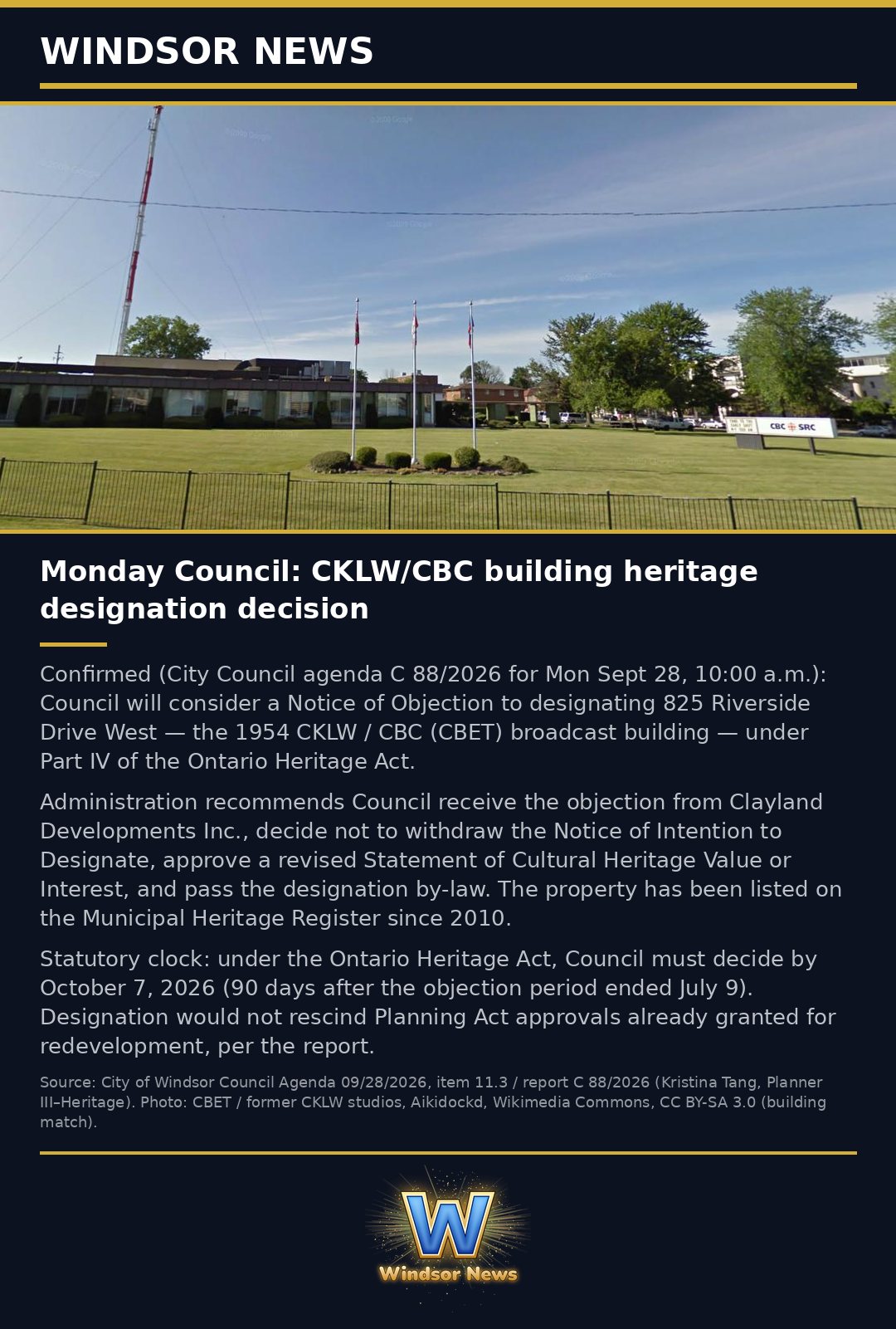 Windsor News card: Council to decide on heritage designation for the former CKLW and CBC building