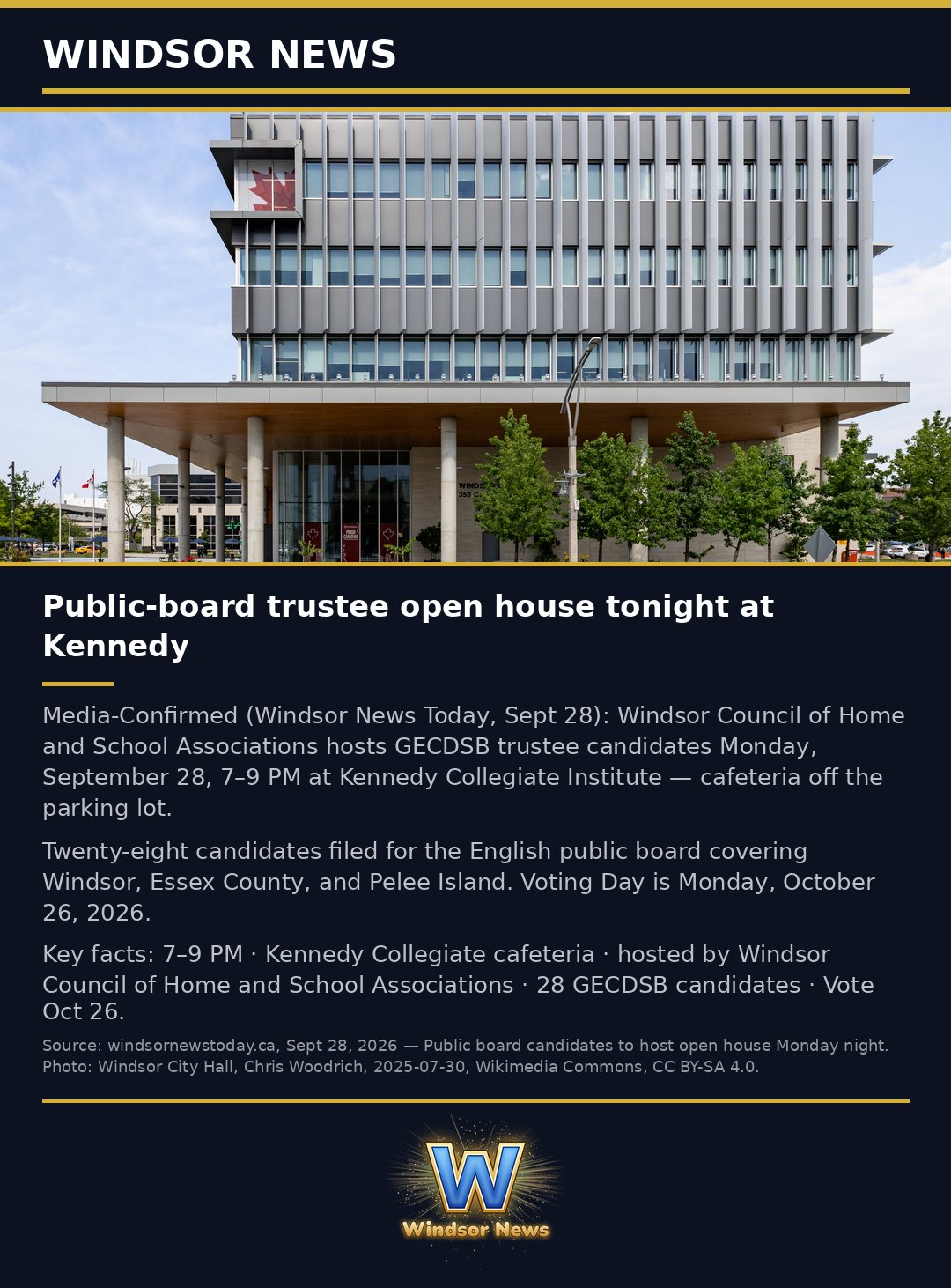 Windsor News card: Public-board trustee candidates' open house at Kennedy Collegiate
