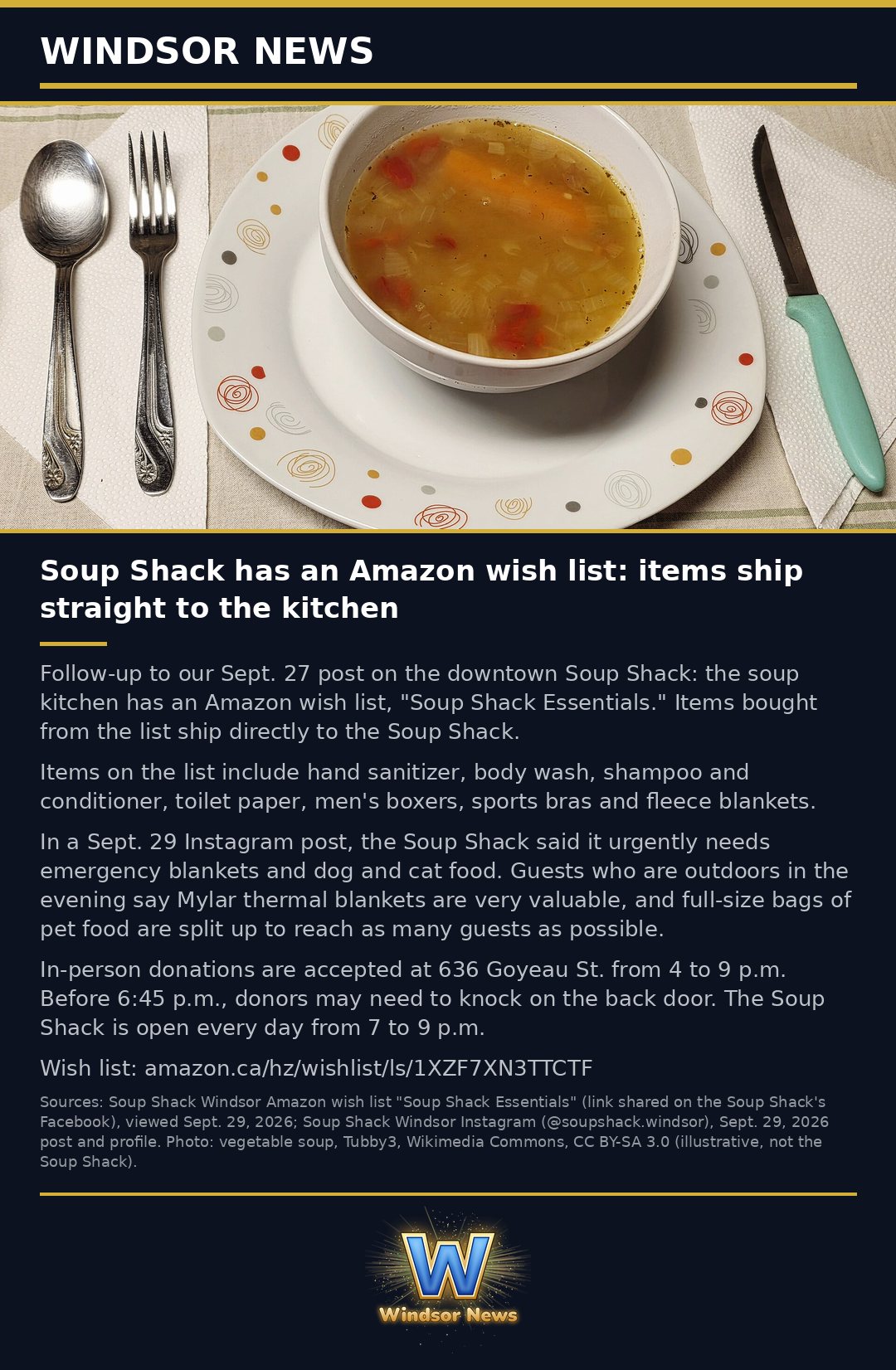 Windsor News card: Soup Shack has an Amazon wish list: items ship straight to the kitchen