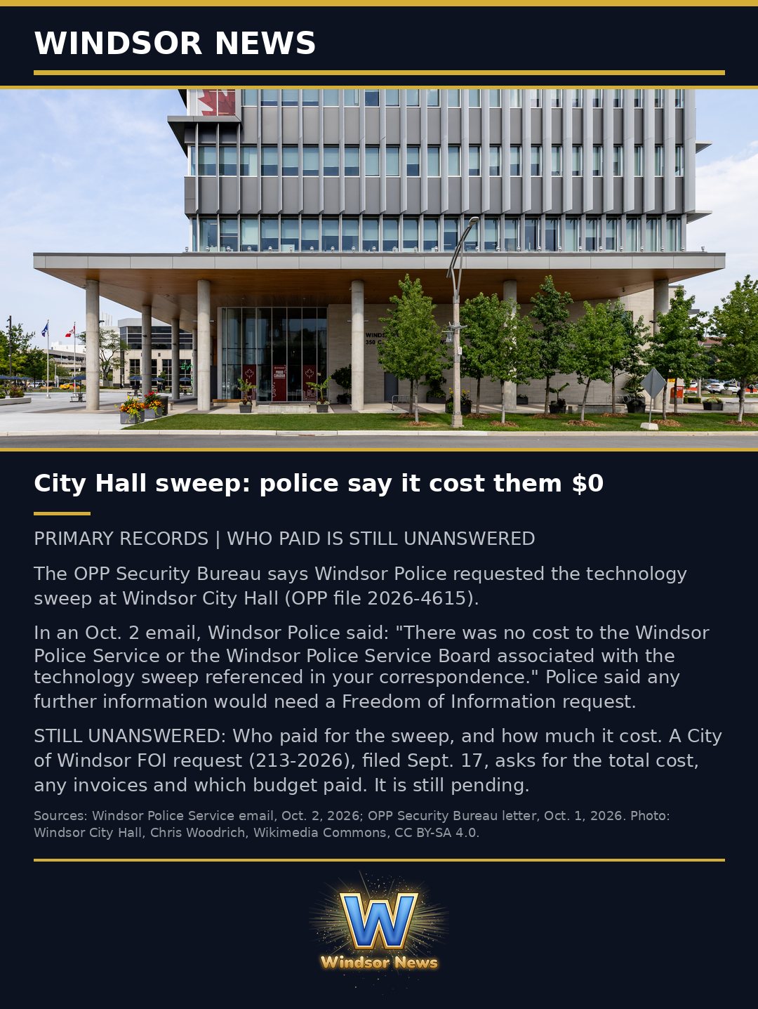 Windsor News card: City Hall sweep: police say it cost them $0